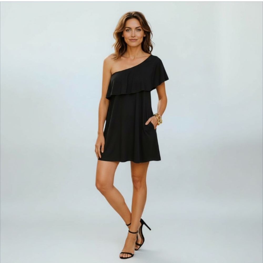 BP NWT Nordstrom Women’s Black One Shoulder Ruffle Fit and Flare Dress Size S